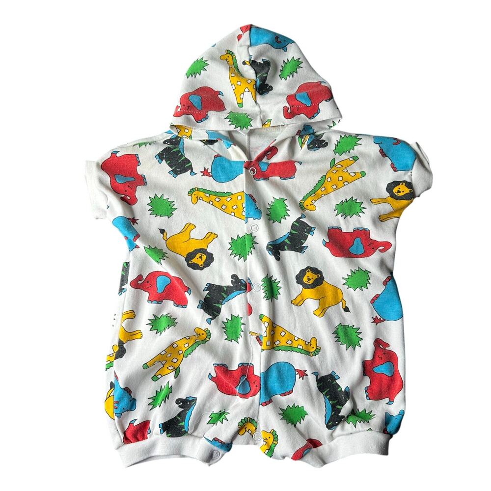 Vintage Baby 90s Colorful Zoo Animal Romper Shorts Size 6/9 M unisex AOP